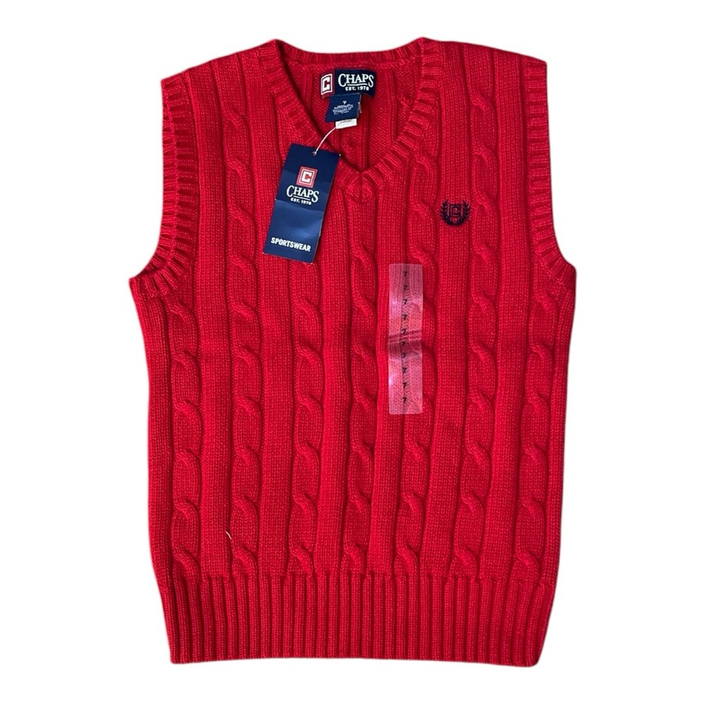 NWT 2008 Chaps Ralph Lauren Red cable knit styled vest Size Youth 7